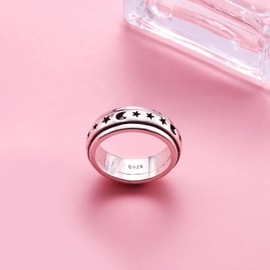 MILACOLATO 925 Sterling Silver Anxiety Ring for Women Men Platinum Plated Sterling Silver Band Fidget Ring Moon Star Spinner Ring Stress Anxiety Relief Item, Size 6