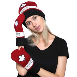 Belle Dame Maple Leaf Canadian Themed Winter Beanie Hat Mittens Gloves Set Warm Knit with Fleece Lined (HT498/GL498)
