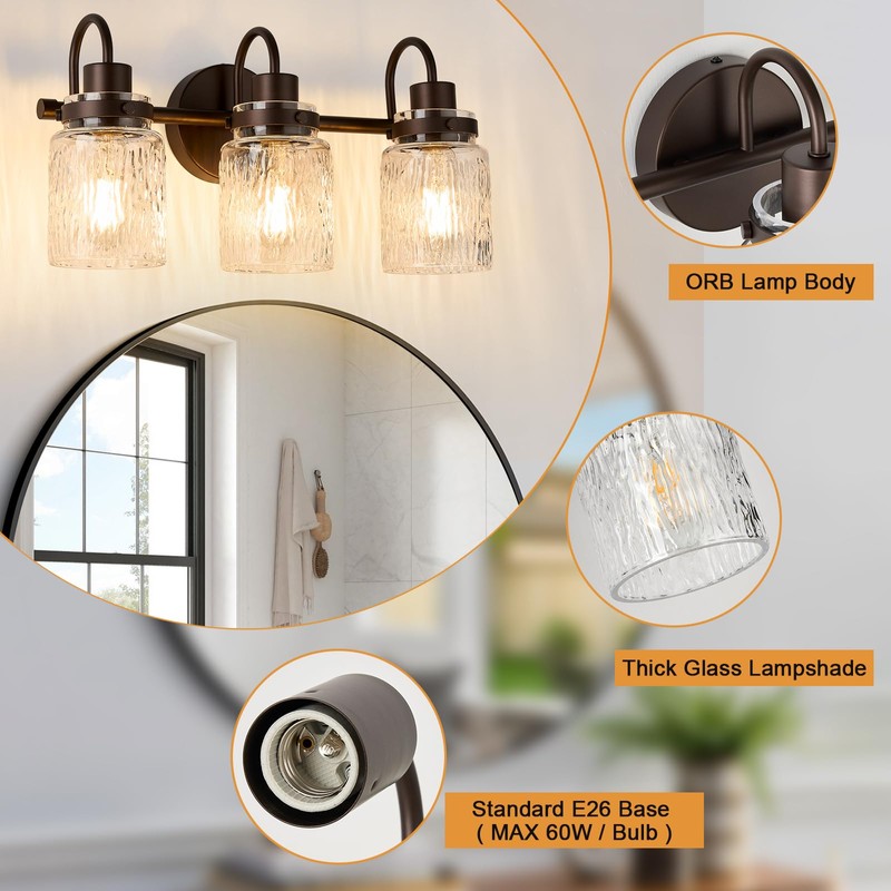 AMRUIPO 3 Lights Bathroom Vanity Light, Oil Rubbed Bronze Bathroom