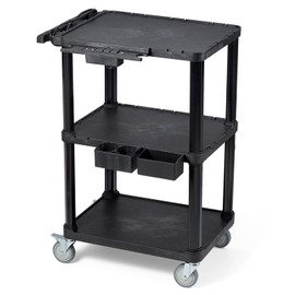 ELAFROS Heavy Duty 3-Tier AV Cart with Power Strip, 27.5 x 18.25 Inch, Industrial Plastic, 330 lbs Capacity, Flat Top Shelves with Swivel Wheels – Multipurpose Rolling cart
