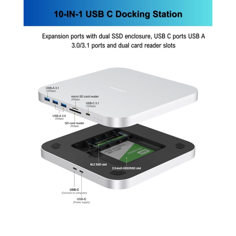 Mac Mini Dock, USB C Hub with Dual SSD Enclosure-