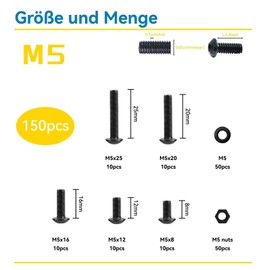 WZHUIDA 150 Piece M5 Screws Set, Black Rounded Head Screws with Nuts Assortment Kit, Half Round Head Hexagonal Screws, Thread Machines, Hex Screws, Carbon Steel