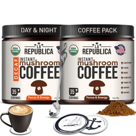 La Republica Organic Instant Mushroom Coffee (2.5oz) + Decaf (2.5oz) - 70 Servings with Coasters & Mixing Spoon - 100% Arabica with Lion's Mane, Reishi, Chaga, Cordyceps, Shiitake, Maitake, Turkey Tail