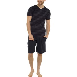Tom Franks Mens Striped Cotton Jersey T Shirt & Short Pyjamas Black & Grey Marl Large