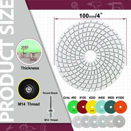 QUEFORET Diamond Polishing Pads Set 8 Pieces - 6 Pieces 100 mm Wet Polishing Wheels (Grit 50/100/200/400/800/1500), 1 Piece Polishing Plate, 1 Piece Adapter for Granite Marble Quartz Artificial Stone