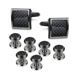 Morfetto 8pcs Mens Carbon Fiber Cufflinks and Shirt Studs Set Tuxedo Shirts Business Wedding Silver Black Tone