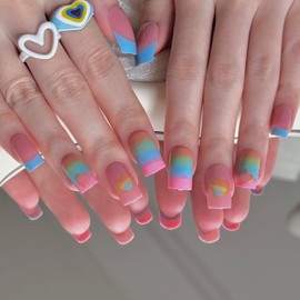24 Pcs Rainbow Press on Nails Long - Coffin Press on Nails Colorful Press on Nails French Tip Press on Nails Acrylic Nails Hollow Heart Design Fake Nails Acrylic Nail Square Nail Tips for Young Girls