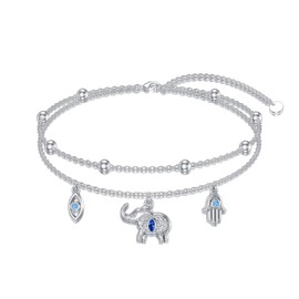 HUKKUN Elephant Anklet Sterling Silver Elephant Ankle Bracelet Evil Eye Anklet Elephant Jewellery for Women