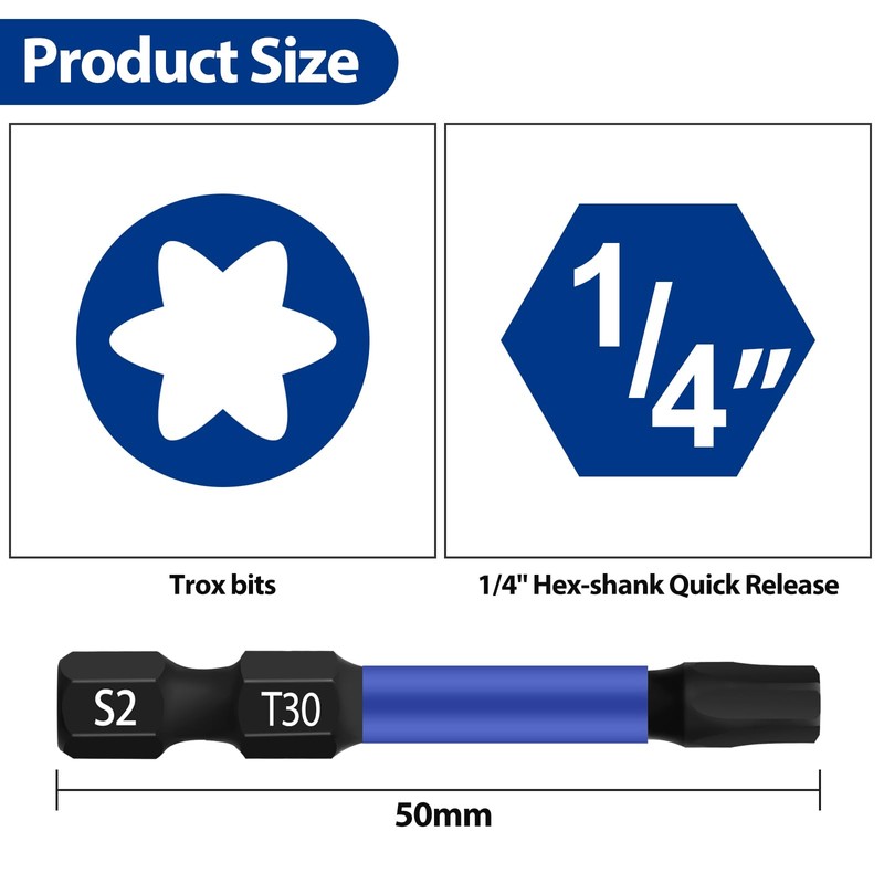 HPHOPE T30 Bit, Torx Bits T30, Bit Assortment, Length: 50