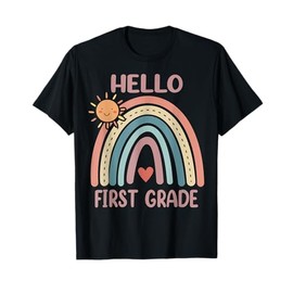 Boho Rainbow Heart For Teachers Women Hello First Grade T-Shirt