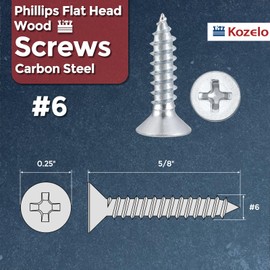 Kozelo 500pcs Phillips Flat Head Wood Screws - [#6x5/8] Carbon Steel Countersunk Self Tapping Screws for Furniture Assembly, Interior Trim, Outdoor Construction, Bluish-White