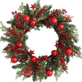 Hometrance Christmas Red Wreaths for Front Door 20 Inches, Xmas Farmhouse Winter Wreath with Bells Balls Berry Stars for Window Outdoor Outside, Artificial Holiday Rustic Wreath for Indoor Porch Decor