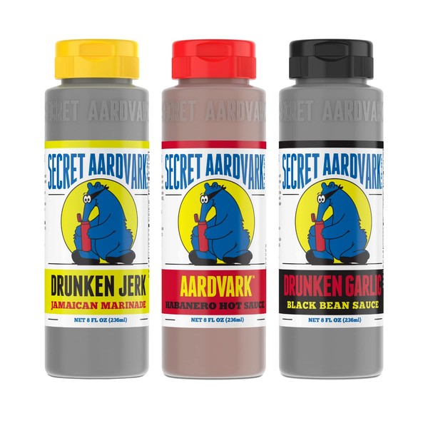 Secret Aardvark Hot Sauce Variety Pack – Drunken Jerk, Drunken Garlic, and Habanero Hot Sauce, Low Carb, Gluten-Free Hot Sauce & Marinade Gift Set – 8 fl oz 3 Pack