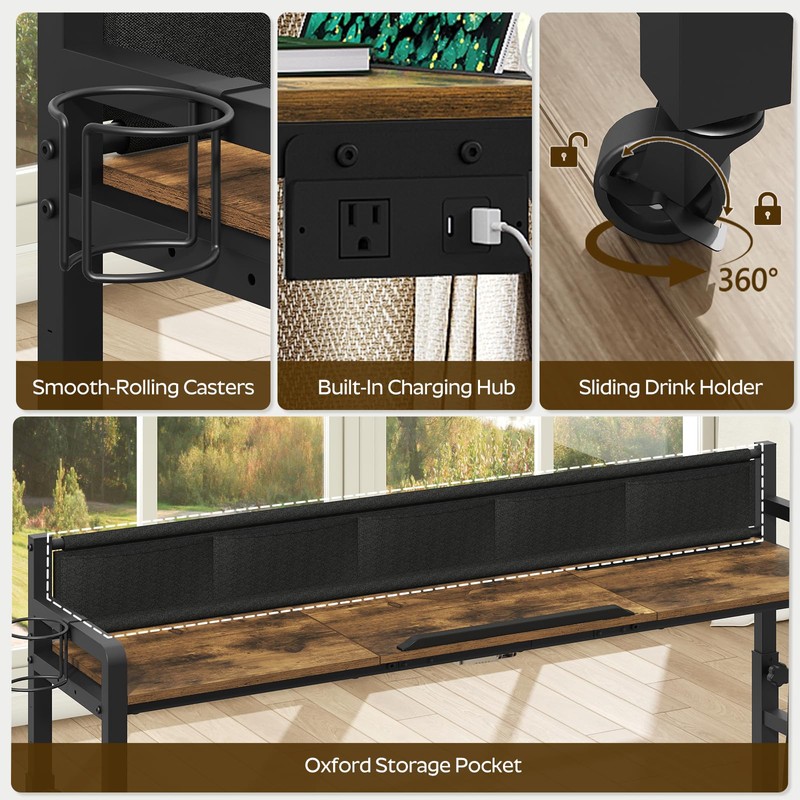 Overbed Table with Wheels, Height Adjustable, Recliner Table with Charging