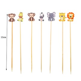 Catelves Animal Cocktail Sticks, Pack of 100 Animal Skewers Finger Food Children, Tiger Wooden Skewers Lion Cocktail Decoration 13 cm, Animals Toothpicks Wood 6 Styles, Cheese Skewers Fruit Skewers