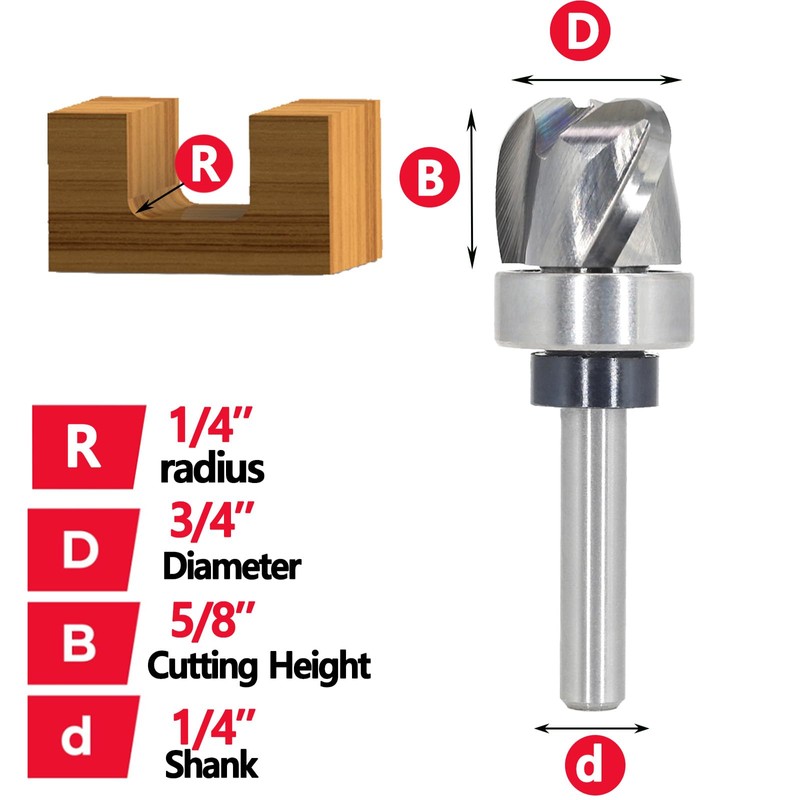 Pattern Flush Trim Router Bit 1/4 Shank, 3-Flute, 1/4" Radius,