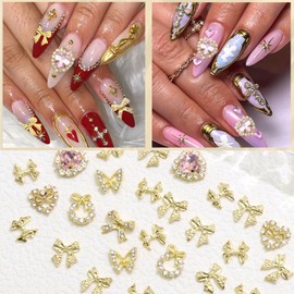 RODAKY 30PCS Gold Nail Charms 3D Butterfly Bow Nail Art Charms Multistyle Luxury Nail Jewelry Pink Crystal Rhinestone Heart Shape Nail Decoration for Acrylic Nails Manicure Design