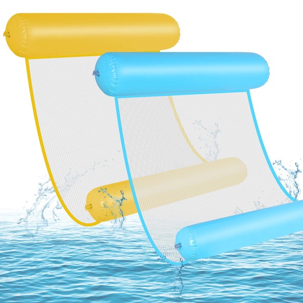 GOLDGE Inflatable Water Hammock, 2 Pieces Swimming Pool Drifter Inflatable Hammock Mattresses Beach Bed Float for Adults (Blue and Yellow)