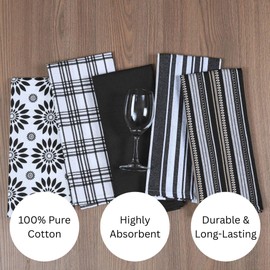 OHOMLY LIVING Assorted Kitchen Towels Set of 5-100% Cotton Dish Cloths Towels with Hanging Loop - Soft, Absorbent & Washable for Kitchen Use - Quick Drying Dish Towels 16x26 Inch Black