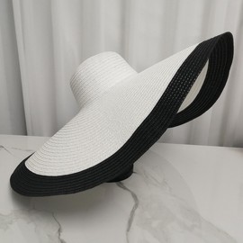 Wide Brim Sun Hats for Women UV Protection Straw Hats Striped Floppy Sun Protection Hats Packable Beach Hat (A White/Black,One Size)