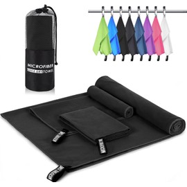 Toallas de Microfibra 3 Pack –Súper Absorbentes, Secado Rápido, Ligeras y Portátiles para Viaje, Playa, Natación, Yoga, Gimnasio, Camping – Incluye Bolsa (Negro, 3 Pack-152x76 + 80x40 + 40x40)
