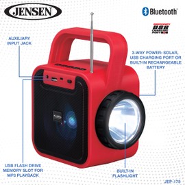 JENSEN JEP-175 Portable Bluetooth Rechargeable Speaker with Built-in Emergency USB Charging Port, FM Radio, Flashlight and Solar Charging Pane