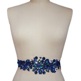Fashion! Pure Handmade Bright Crystal Patches Sew-on Blue Rhinestones Applique with Stones Sequins Beads DIY for Wedding Dress Decor Accessory 3.9x14.2″ Belt Waist Decoration
