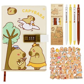 Graplan Capybara Diary with Combination Lock, 22 x 15 cm, PU Leather Notebook with Pen Holder, Journal Including 4 Pens and 1 Pack of Stickers, Cartoon Design for Children, Students and Gift