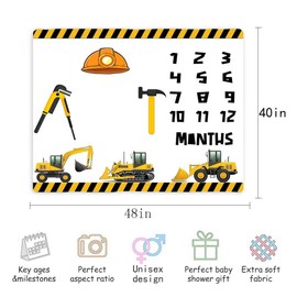 MTMETY Construction Vehicle Baby Monthly Milestone Blanket, 48x40in Hard Hat Tool Hammer Blanket Soft Flannel for Nursery Newborn Gift Baby Shower,Baby Growth Chart Photography Blanket BTXFME25