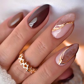 LWTZLW Brown Press on Nails Simple Smudge Medium Almond False Nails Brown Full Cover Glue on Nails Oval Acrylic Fake Nail Cute Glossy Artificial Nail Reusable for Women