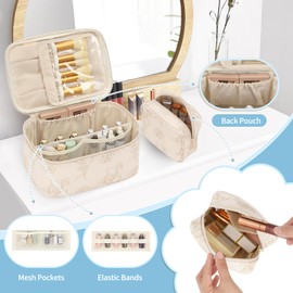 OCHEAL Makeup Bag, Large Makeup Organizer Case & Small Makeup Bag for Purse Mini Cosmetics Bag Cute Floral Cosmetic Pouch for Women with Slip-in Pockets,Travel Toiletry Make Up Bag-Beige Lily
