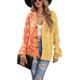 chouyatou Women's Color Block Leopard Print Button Down Long Sleeve Cardigan Sweaters, Yellow, X-Large