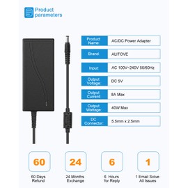 ALITOVE 5V 8A 40W AC to DC Adapter Power Supply Converter Transformer 5.5x2.5mm Plug AC 100V~240V Input for WS2812B WS2811 SK6812 LED Pixel Strip Light CCTV Camera Security System
