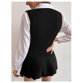 Milumia Women's Cable Knit V Neck Sweater Vest Sleeveless Ribbed Crop Tank Top Black Medium