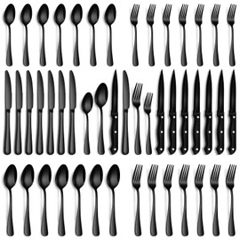 PHILIPALA Black Silverware Set, 48-Piece Flatware Set with Steak Knives for 8, Stainless Steel Mirror Cutlery Include Forks Spoons and Knives Set, Dishwasher Safe Utensils Set for Home Restaurant