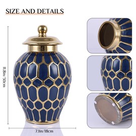 Ginger Jar Vase, Blue Gold Porcelain Ginger Jars for Home Decor, Mid‑Century Modern Unique Dining Table Centerpieces - Decorative Vase with Lid for Living Room, Wedding, Mantle, Elegantes Jarrones