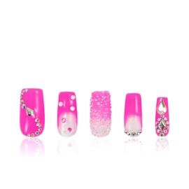 LOVFUL Press on Nails Pink Typhoon| Handmade with Full Covered Crystals | Reusable Fake Nails | Square Regular 1.0 in | H38-M