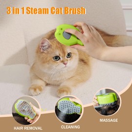 PAMEENCOS Cat Steam Brush,3 in 1 Steamy Cat Brush for Shedding,Steamy Cat Brush for Long & Short Haired Cats & Dogs, Pets Grooming Portable Pet Hair Removal Tool,Green