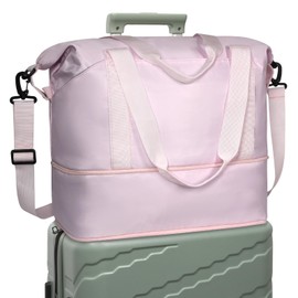 DMLuna Travel Duffel Bag, Tote Sports Gym Bag, Shoulder Overnight Weekender Bag for Women & Men, Hospital bag, Expandable Duffel Bag with Trolley Sleeve/Wet Pocket, Pink