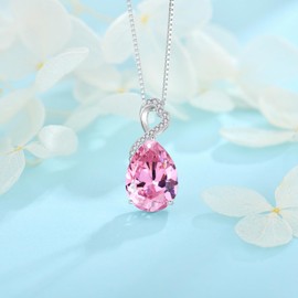 FJ Pear Cut Pink Tourmaline Necklaces for Women 925 Sterling Silver Teardrop Necklace October Birthstone Pendant Jewellery Gifts for Her