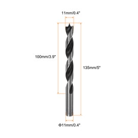 sourcing map Brad Point Drill Bits 11mm(28/64") Dia Straight Round Shank Drill Metric Brad Point 3.9" Drilling Depth Spiral Twist Drill Bits for Carpenter Woodworking Plastic Rubber