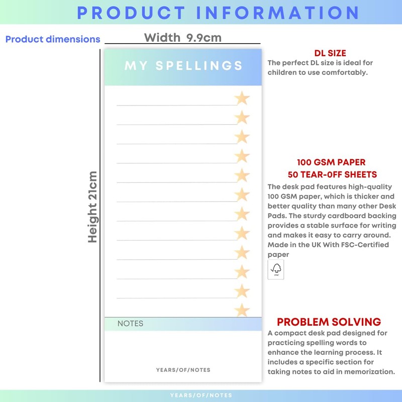 Kids Spelling Writing Paper Desk Pad, Spelling Lesson Writing Notepad,