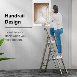 GameGem 4 Step Ladder, Folding Step Stool with Anti-Slip and Wide Pedal, Gold Ladder with Handgrip, Lightweight Aluminum Space Saving Stepladder for Home and Kitchen, 300 lbs Capacity