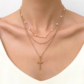 Layered Pearl Necklaces for Women Faux Pearl Butterfly Heart Choker 14K Gold Cross Pendant Necklaces Adjustable Bohemian Choker Necklaces Dainty Jewelry Gifts (A)