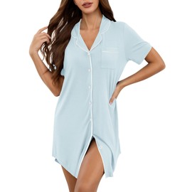 KCW Women Nightshirts Sleeping Button Up Pajama Dress Hospital Labor Delivery Surgery Gown Short Sleeve Light Blue