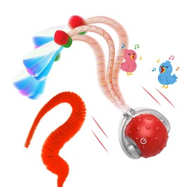 GOZINA Cat Toys Ball for Indoor, Interactive Cat Ball Toy, Bird Chirping Sounds, Comes with Dragonfly Tail and Caterpillar Tail (Red)