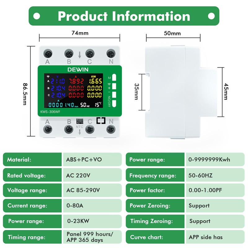 DEWIN KWS-306WF Tuya WiFi Electricity Meter 3 Phase 4 Conductor