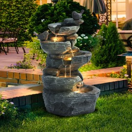 MAGIC UNION 5-Tier Cascading Rock Birds Water Fountain, 26" H Outdoor Freestanding Fountain with LED Lights and Pump, Outdoor Garden Waterfall Decor for Patio, Yard and Deck Decor, Natural Stone Look