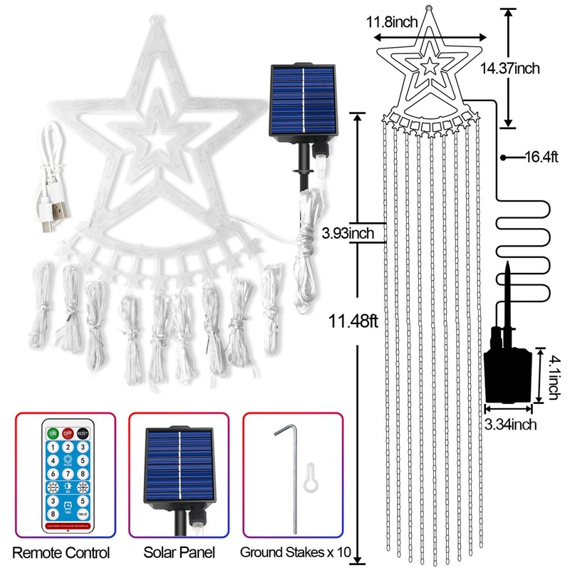 Christmas Solar Decorations Star Lights Outdoor, 11.48ft 350LED Waterfall Tree