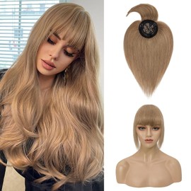 Hairro Hair Topper with Bangs Clip in Human Hair Toppers for Women Neat Bangs 100% Real Remy Hair Pieces Cover Thinning Hair Grey White Hair on Top Crown 10 inch Light Brown